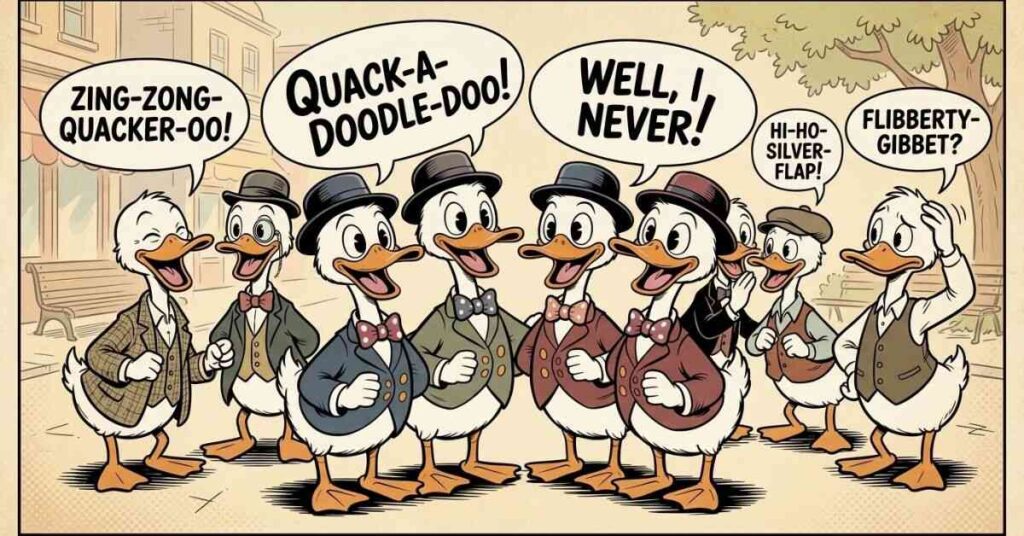 A duck looking annoyed at messy surroundings with a pun about adult responsibilities and chaos.