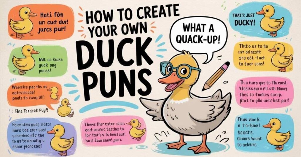 Simple process of making duck puns using “quack,” “bill,” and “feather” wordplay