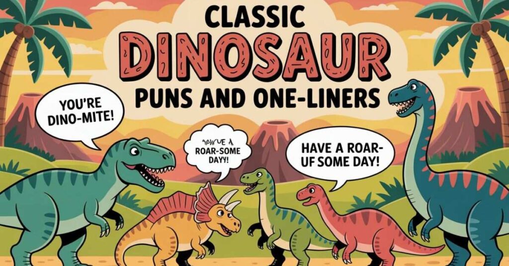 A vibrant, playful collection of classic dinosaur puns and one-liners, featuring witty wordplay and prehistoric humor guaranteed to make kids and adults roar with laughter.
