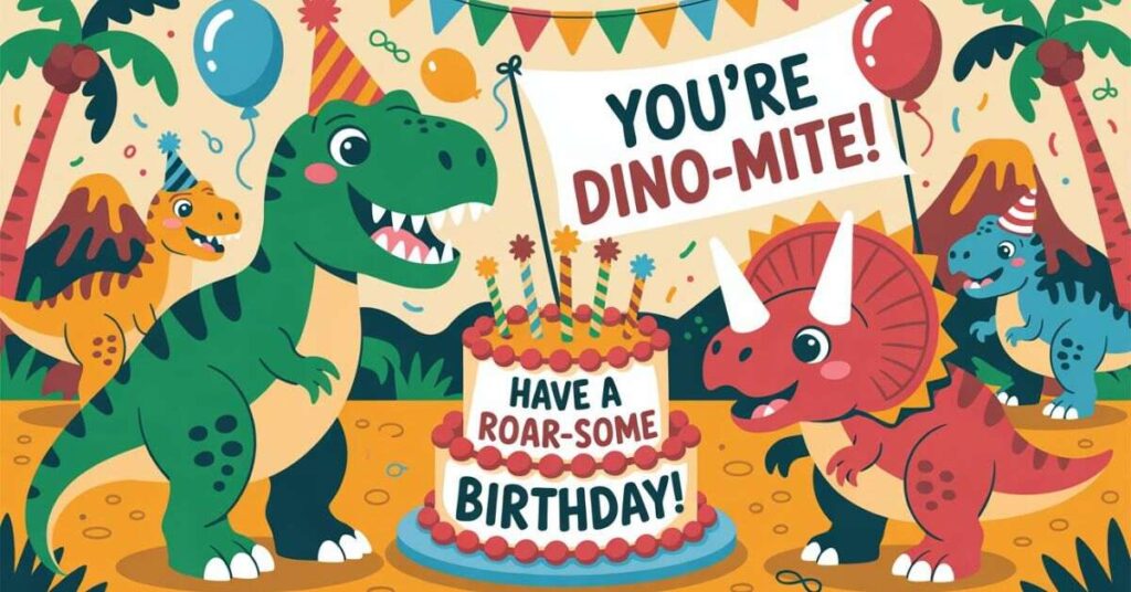 A colorful birthday card featuring a cartoon dinosaur with a birthday cake and a humorous dinosaur-themed pun message.