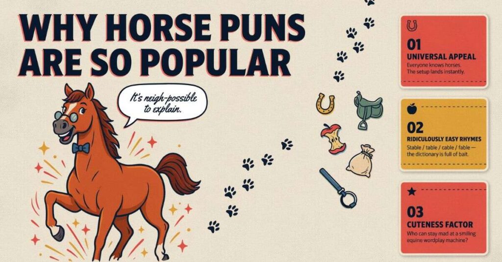 Visual guide to horse pun humor with common phrases and meanings