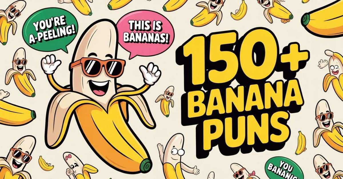 Funny banana puns collection with 150+ a-peeling jokes and wordplay about bananas.