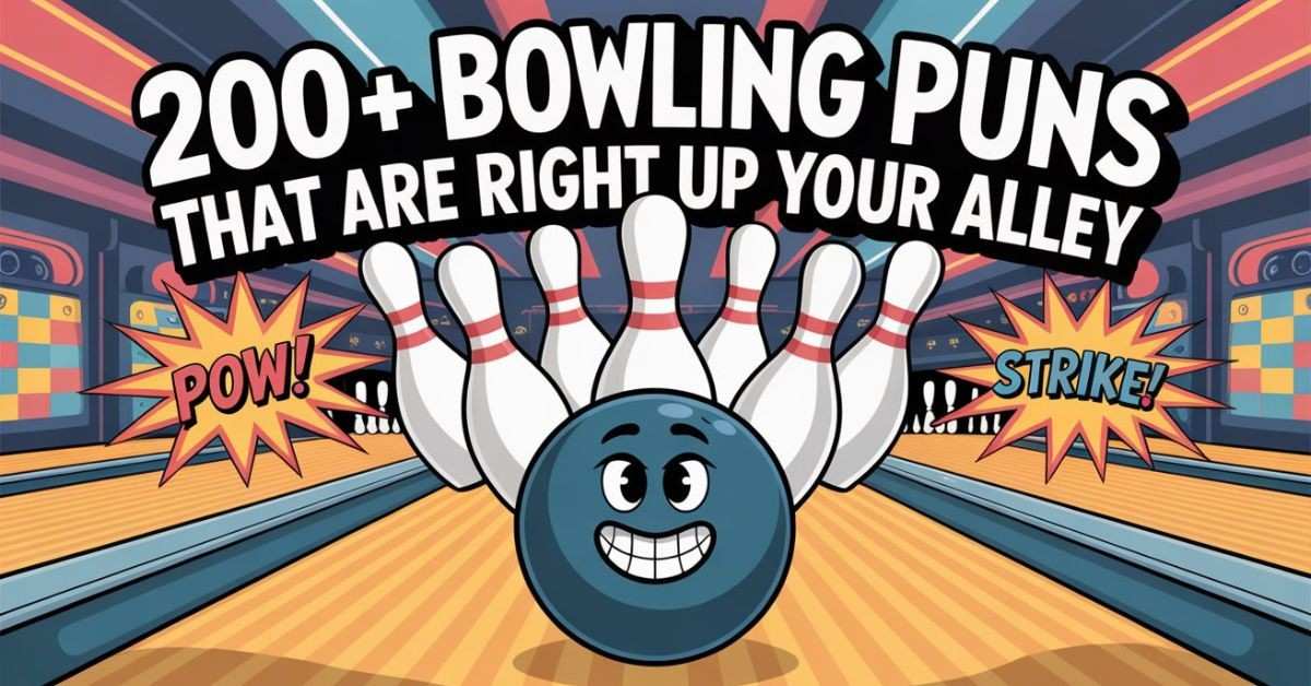 Bowling ball rolling toward pins representing funny bowling puns and jokes.