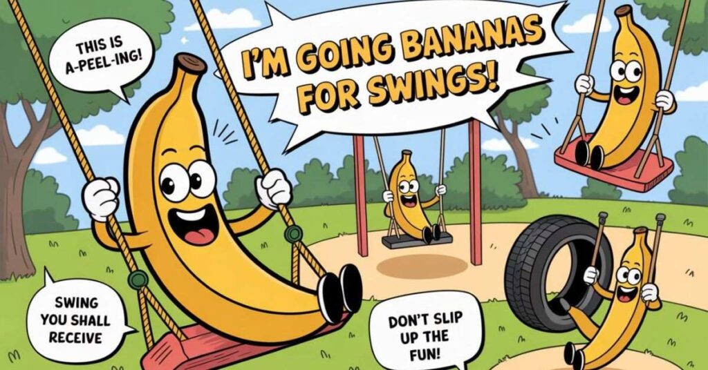 A playful and vibrant graphic centered on banana-themed puns and humor. Cheerful cartoon bananas are shown swinging, dancing, or hanging from vines, accompanied by funny banana-related jokes and wordplay. The bright colors and whimsical illustrations create a fun, energetic atmosphere that highlights lighthearted banana puns for laughs, social media captions, and casual conversations.