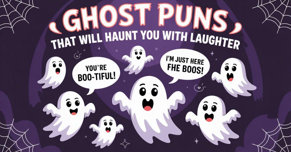 Ghost illustration with funny ghost puns text “Ghost Puns That Will Haunt You With Laughter”