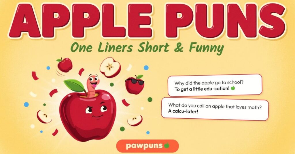 Apple puns one liners short and funny jokes graphic with red apple character
