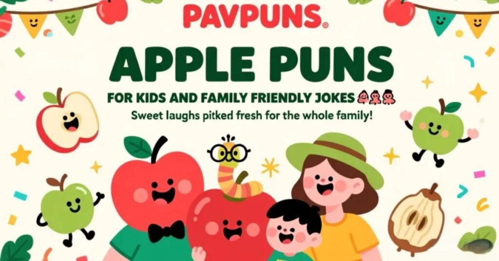 Apple puns for kids and family friendly jokes with cute cartoon apples and happy family illustration