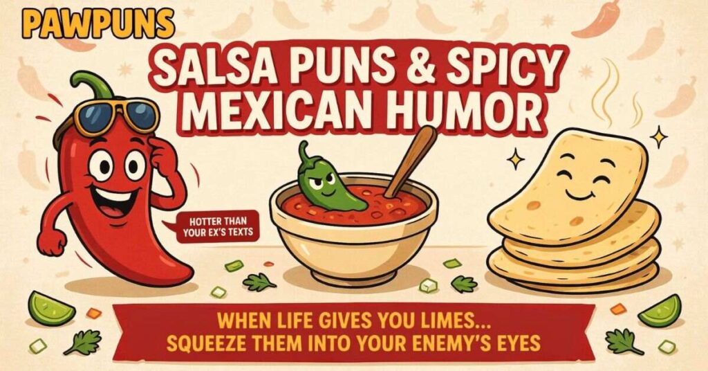 “Funny salsa puns illustration with chili pepper, dip, and tortillas.”