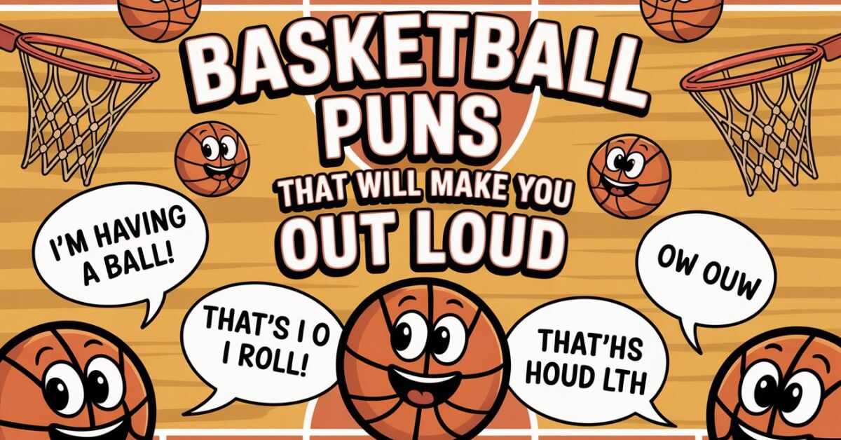 Funny basketball jokes and puns text on sports background